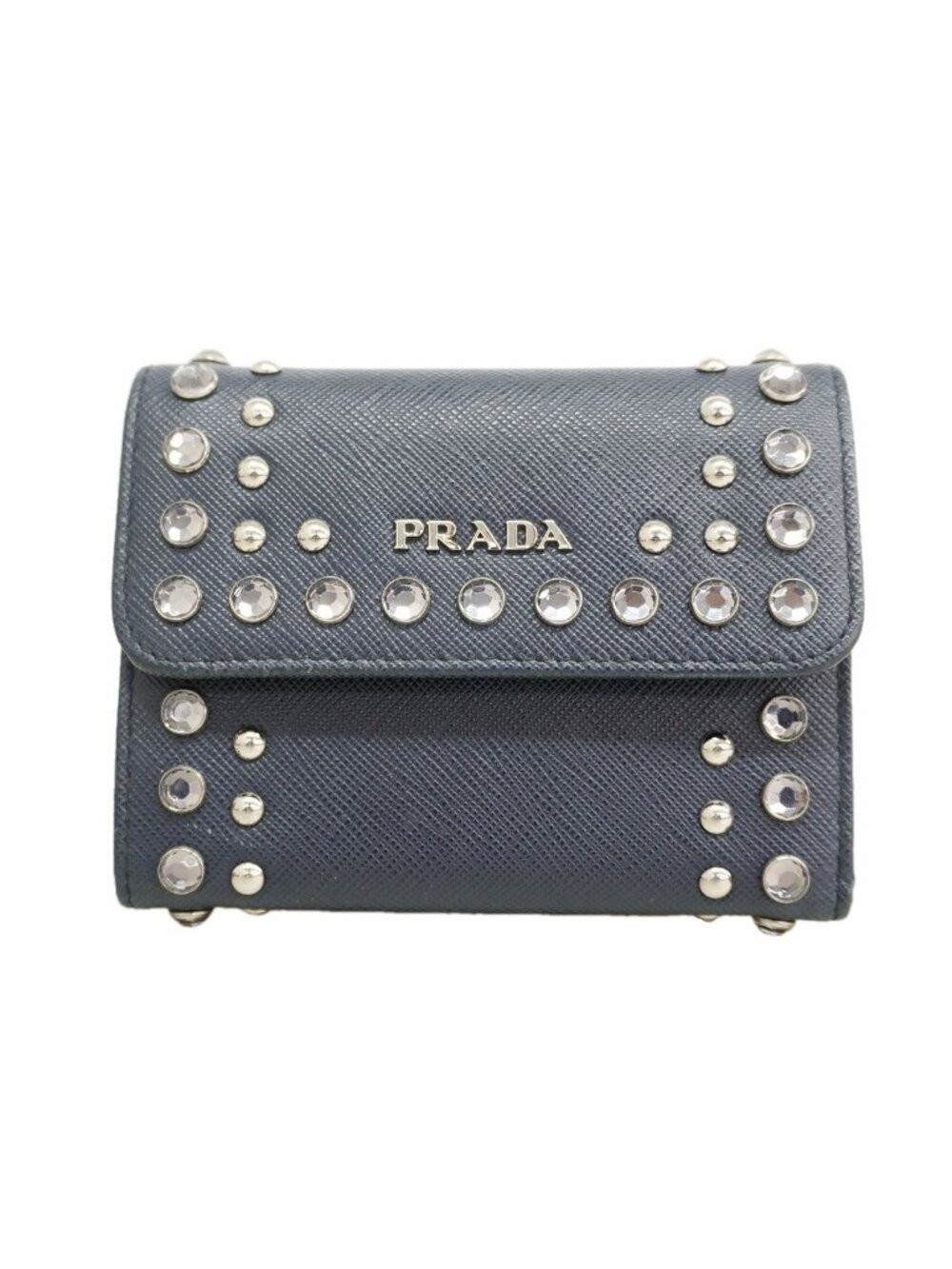 Prada Trifold Wallet Saffiano Leather Navy Silver